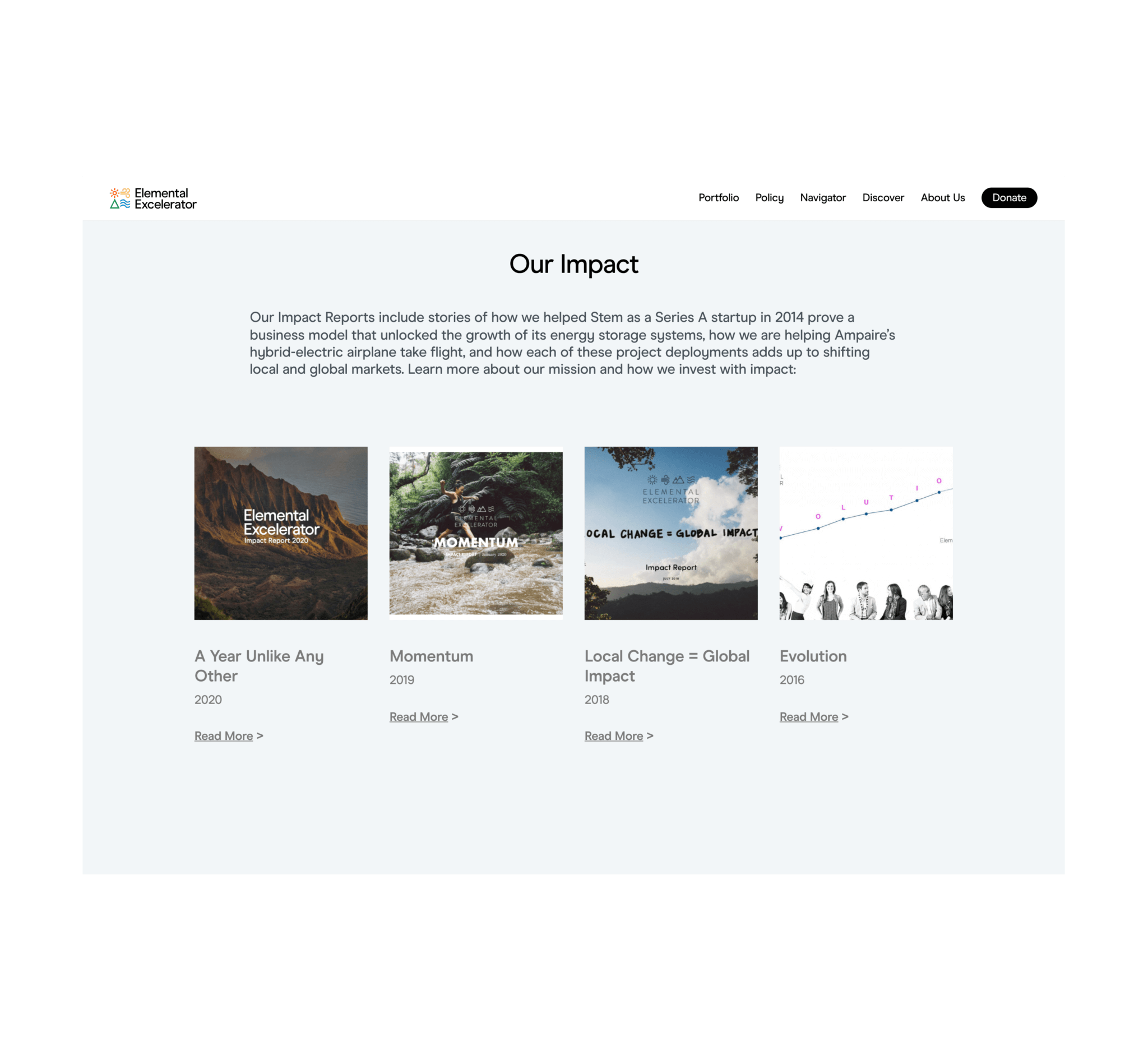 Elemental Excelerator website screenshot about impact
