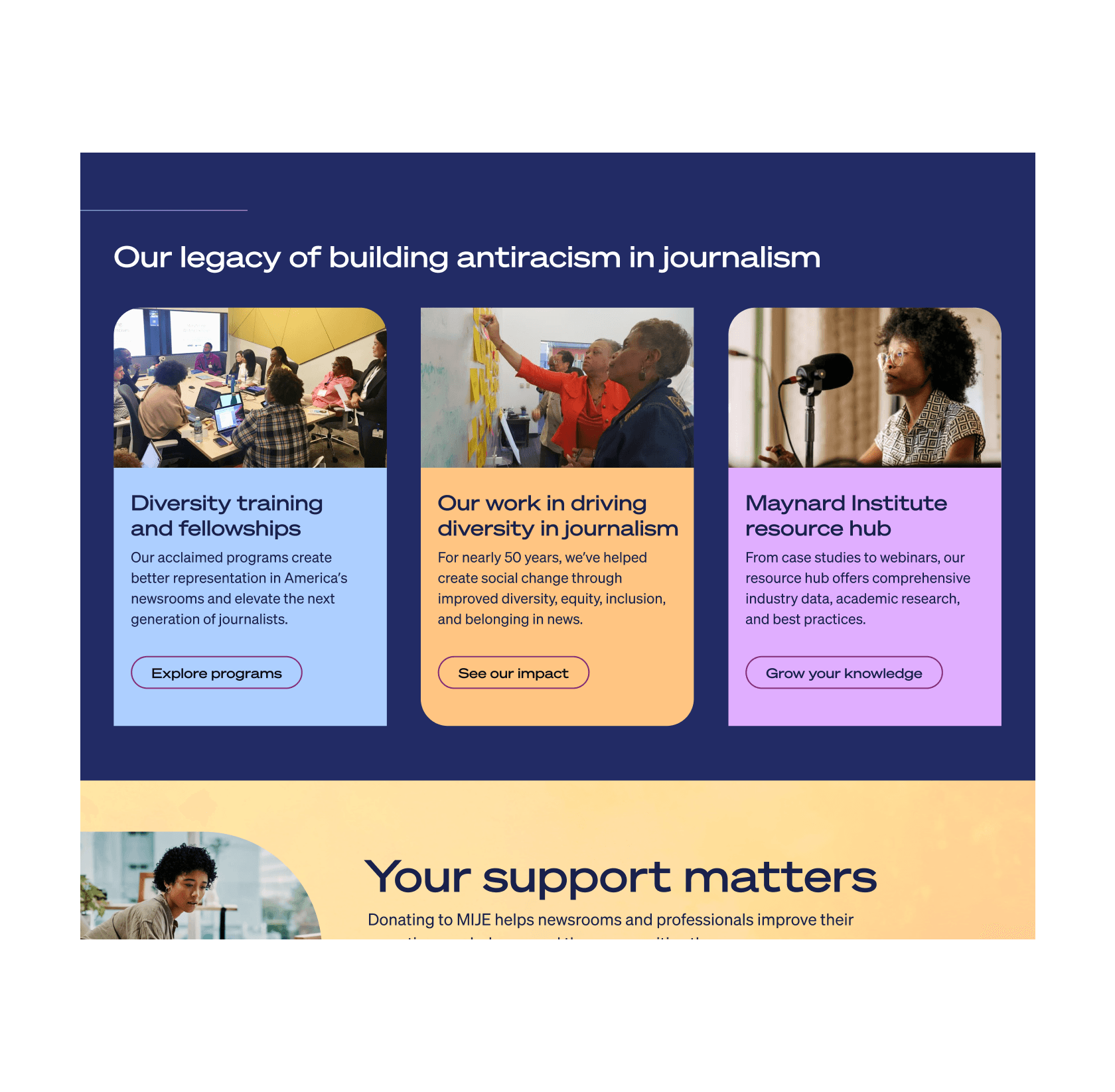 Maynard Institute home page news and events section screenshot
