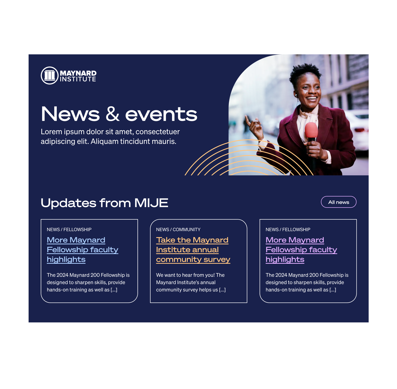 Maynard Institute home page news and events section screenshot