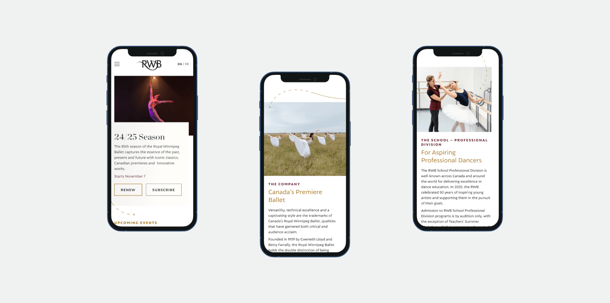mockup of three mobile screens showing different sections of RWB website