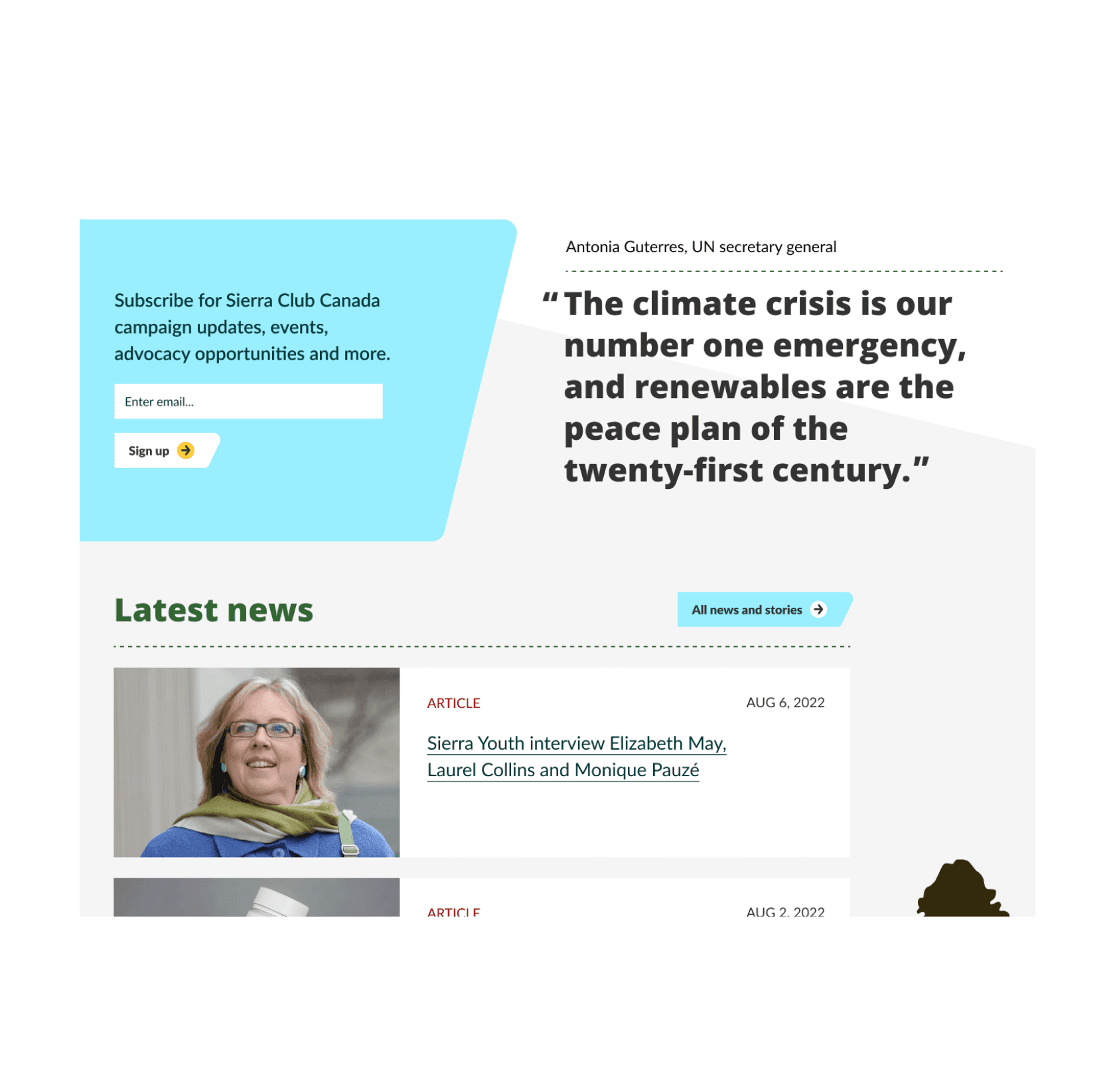 Sierra Club Atlantic Chapter's homepage. While similar to the homepage, it's customized content so that it's just specific to Atlantic Canada.