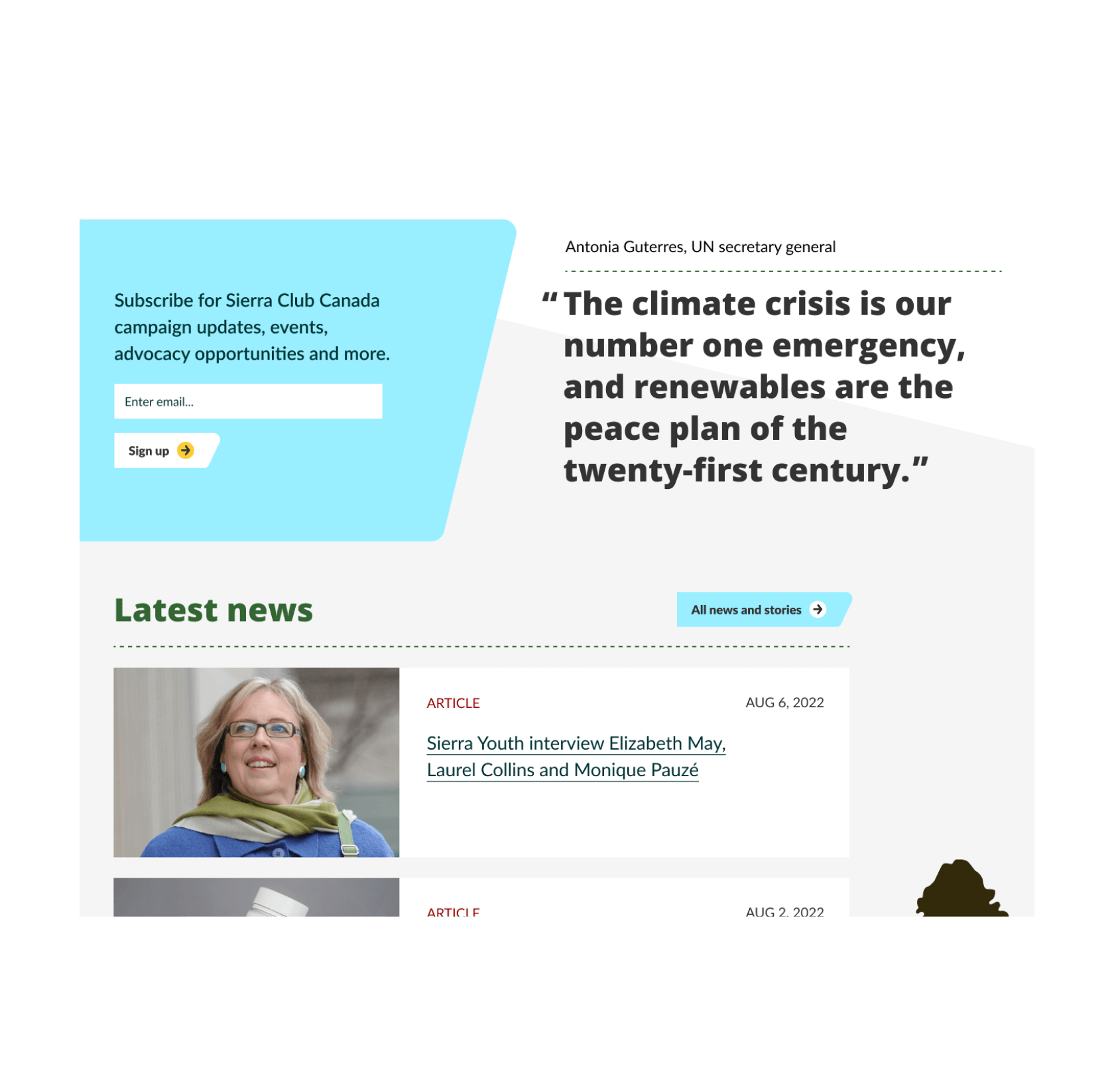 Sierra Club subscribe to their newsletter layer, a testimonial from the UN Secretary General, and a bit of the latest news.