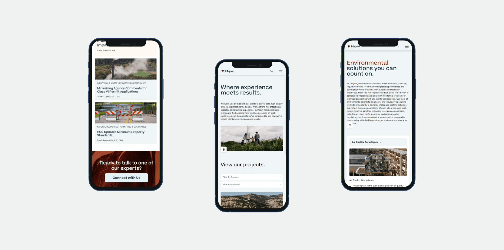 Trihydro website on three mobile screens