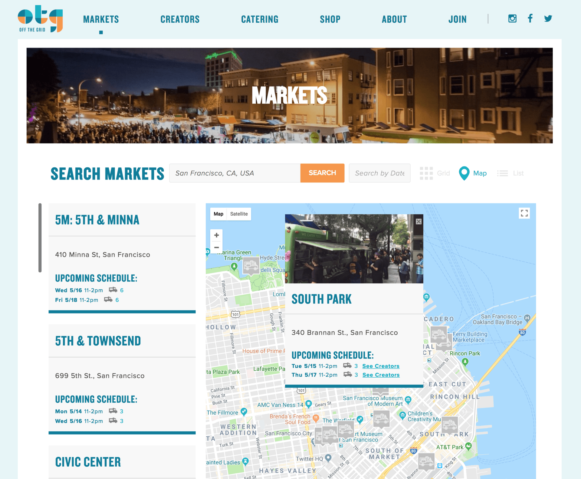 A page from Off The Grid website showing a map