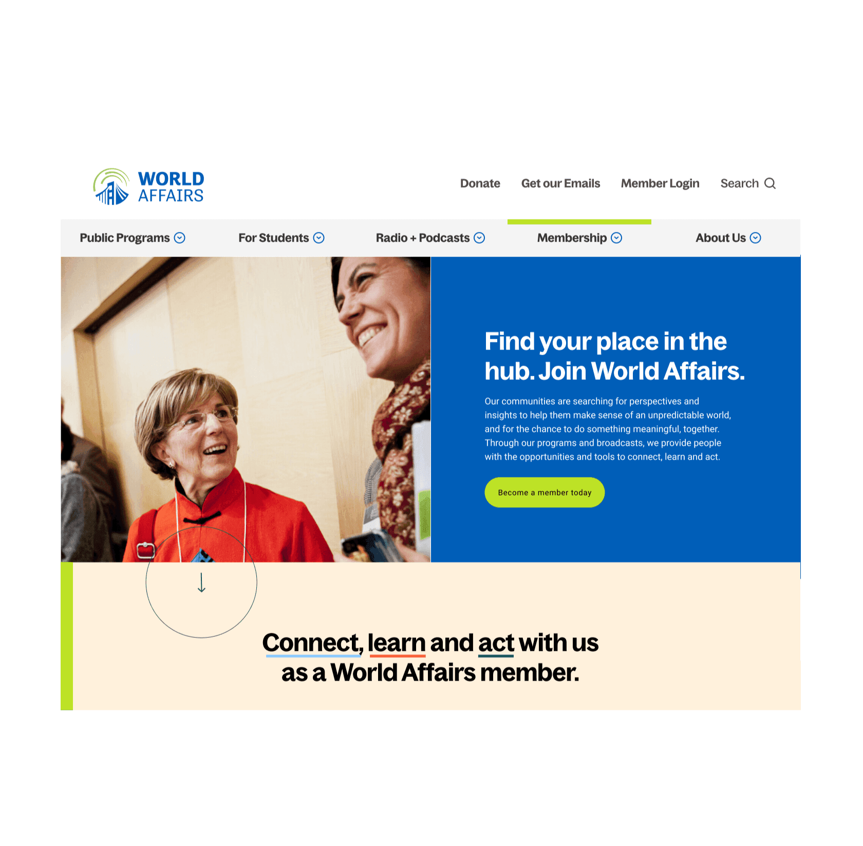 World Affairs screenshot of the homepage. There&#039;s a strong call to action, that encourages website visitors to join World Affairs as a member.